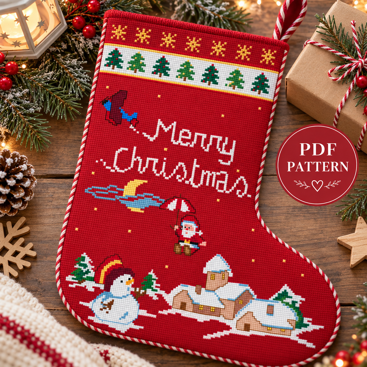 Merry Christmas Stocking Cross Stitch Pattern