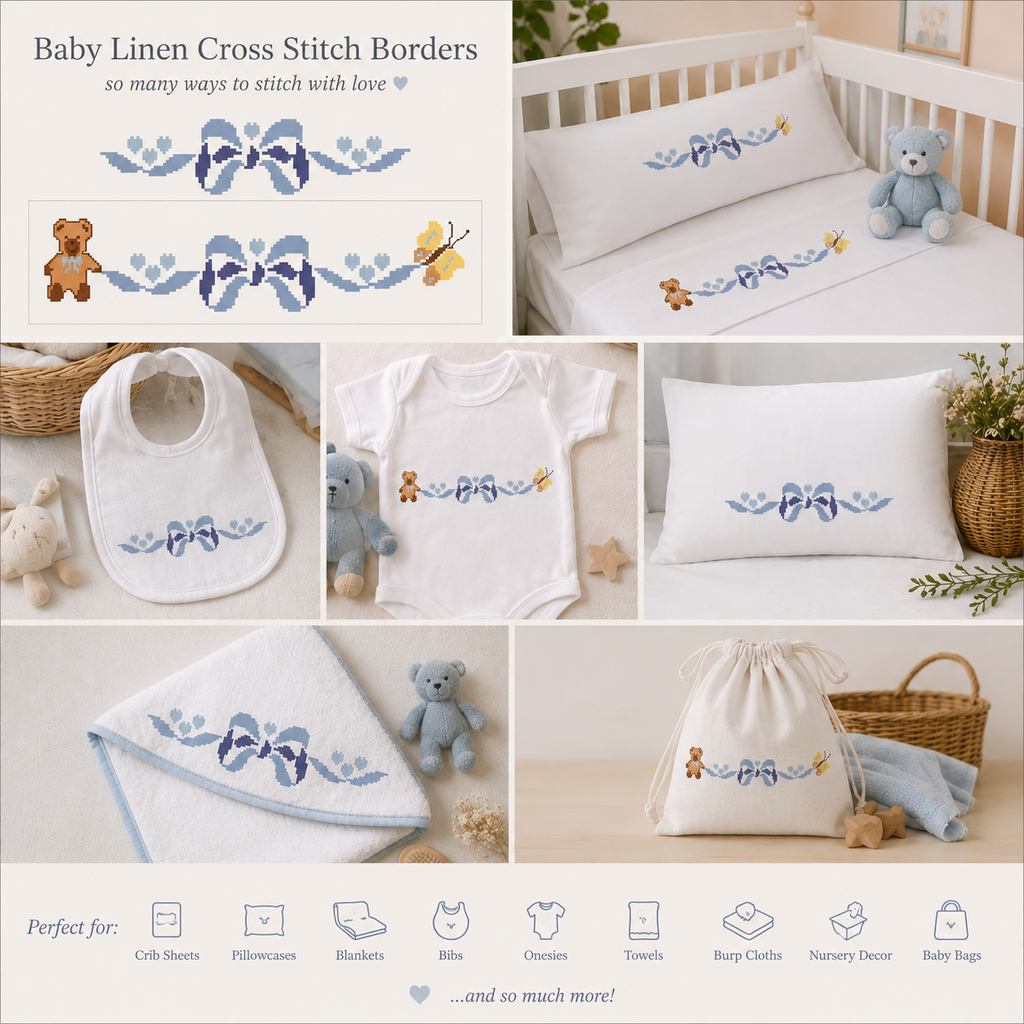Baby Cross Stitch Border Bundle, 4 Nursery Patterns, Crib Sheet, Blanket, Bib, Onesie & Baby Linen Embroidery PDF