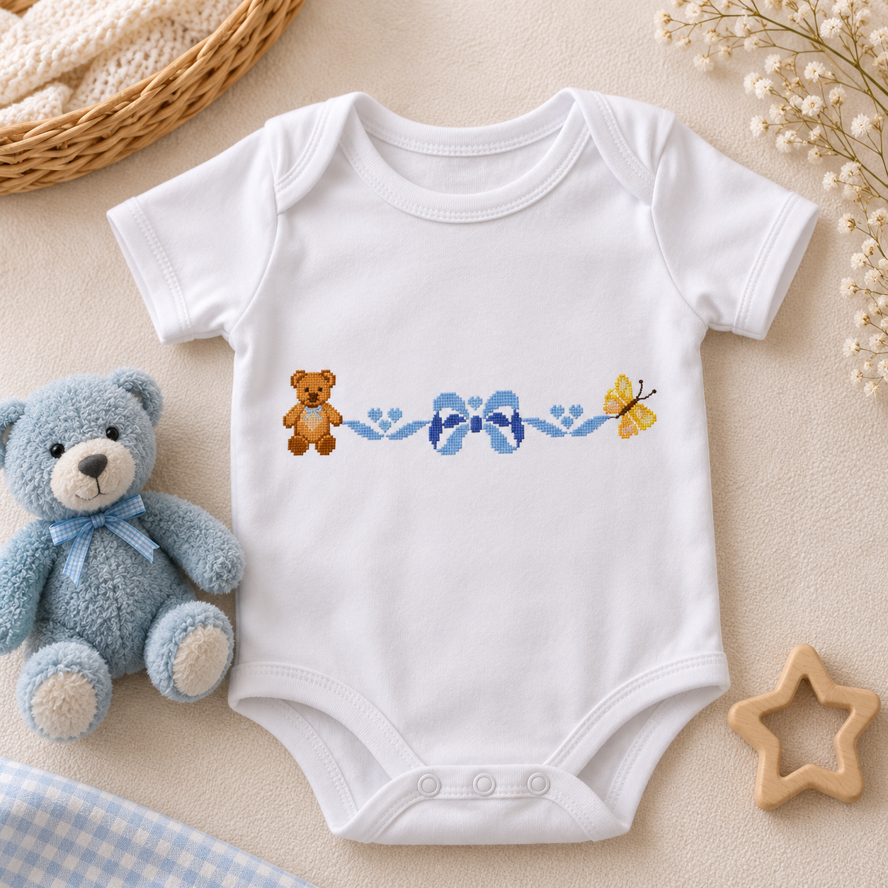 Baby Cross Stitch Border Bundle, 4 Nursery Patterns, Crib Sheet, Blanket, Bib, Onesie & Baby Linen Embroidery PDF