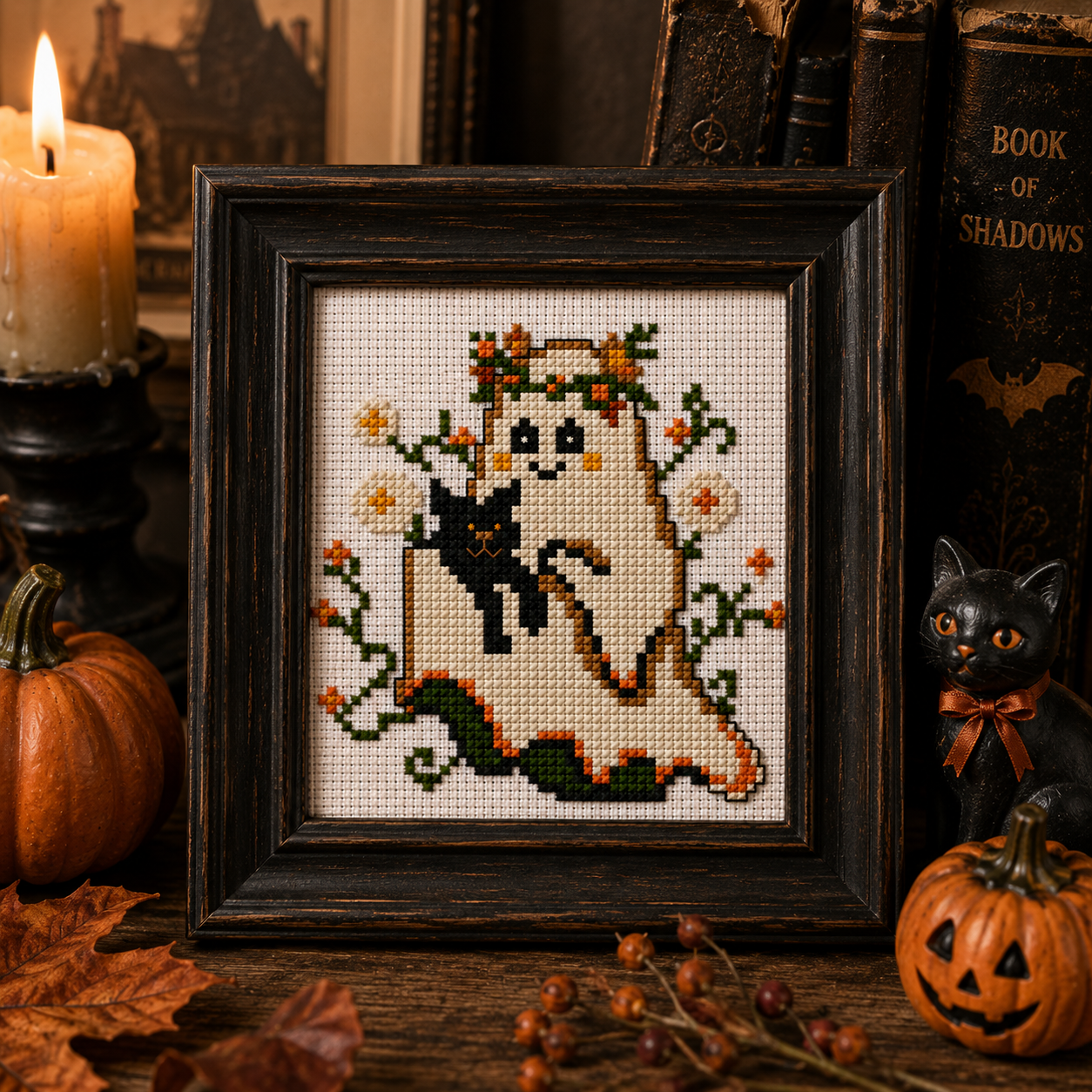 Boo & Meow Halloween Mini Cross Stitch Pattern, Cute Ghost and Black Cat, Small 60x60 Spooky Autumn PDF, Quick Counted Cross Stitch