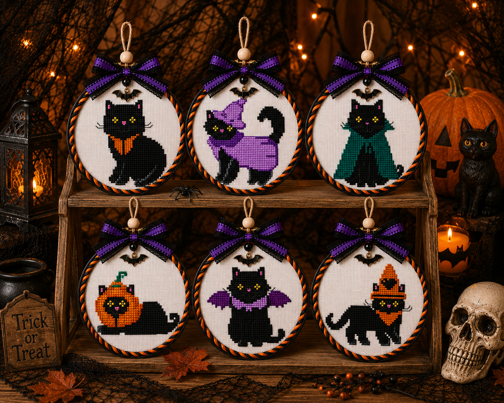 Halloween Black Cat Mini Cross Stitch Patterns Bundle, 6 Cute Spooky Cat Patterns