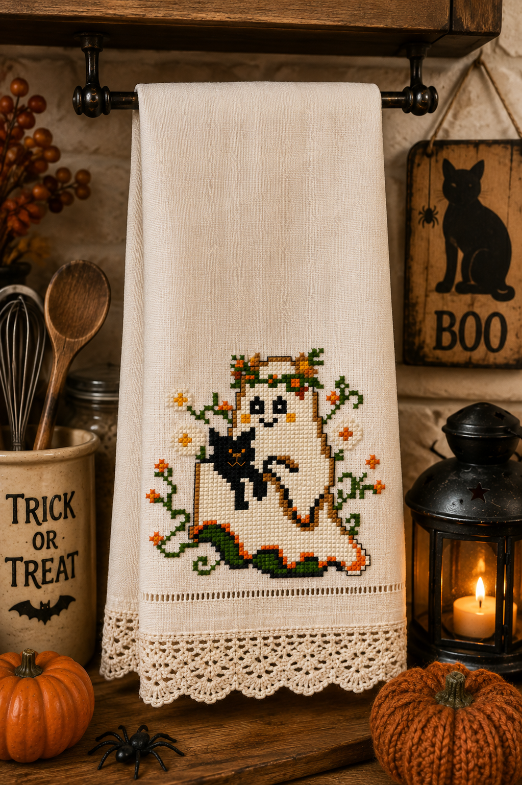 Boo & Meow Halloween Mini Cross Stitch Pattern, Cute Ghost and Black Cat, Small 60x60 Spooky Autumn PDF, Quick Counted Cross Stitch