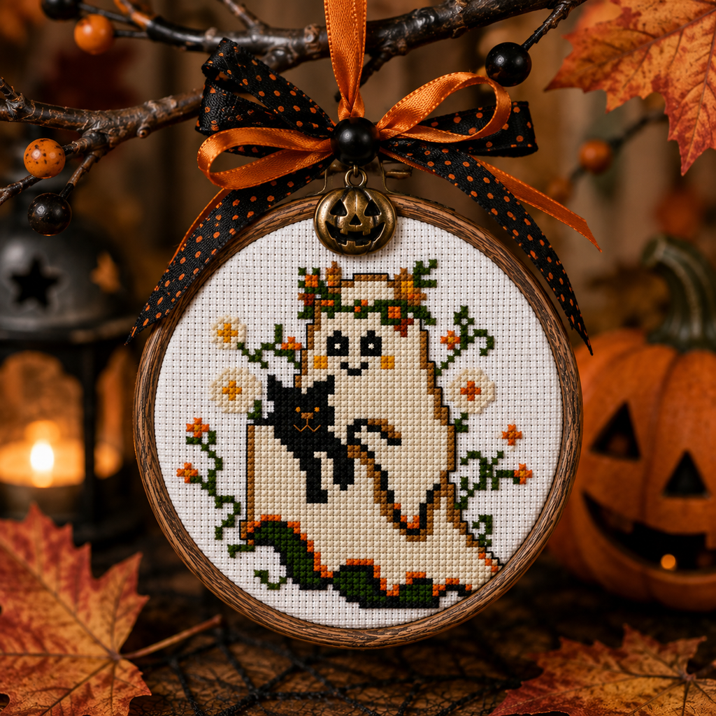 Boo & Meow Halloween Mini Cross Stitch Pattern, Cute Ghost and Black Cat, Small 60x60 Spooky Autumn PDF, Quick Counted Cross Stitch