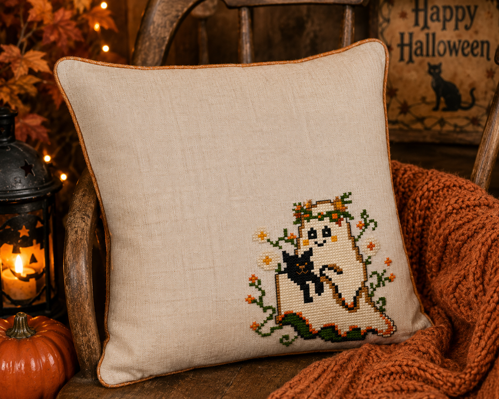Boo & Meow Halloween Mini Cross Stitch Pattern, Cute Ghost and Black Cat, Small 60x60 Spooky Autumn PDF, Quick Counted Cross Stitch