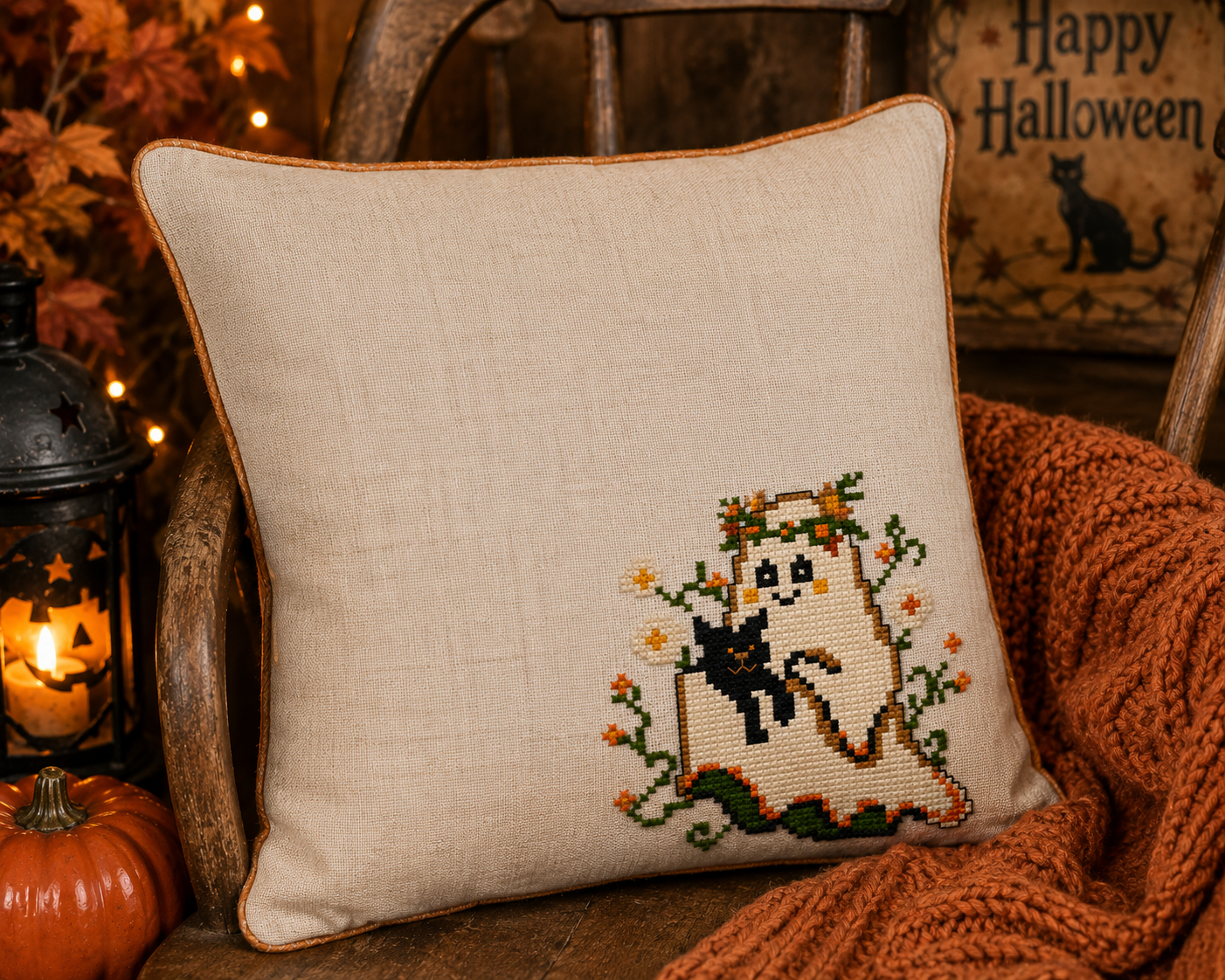 Boo & Meow Halloween Mini Cross Stitch Pattern, Cute Ghost and Black Cat, Small 60x60 Spooky Autumn PDF, Quick Counted Cross Stitch