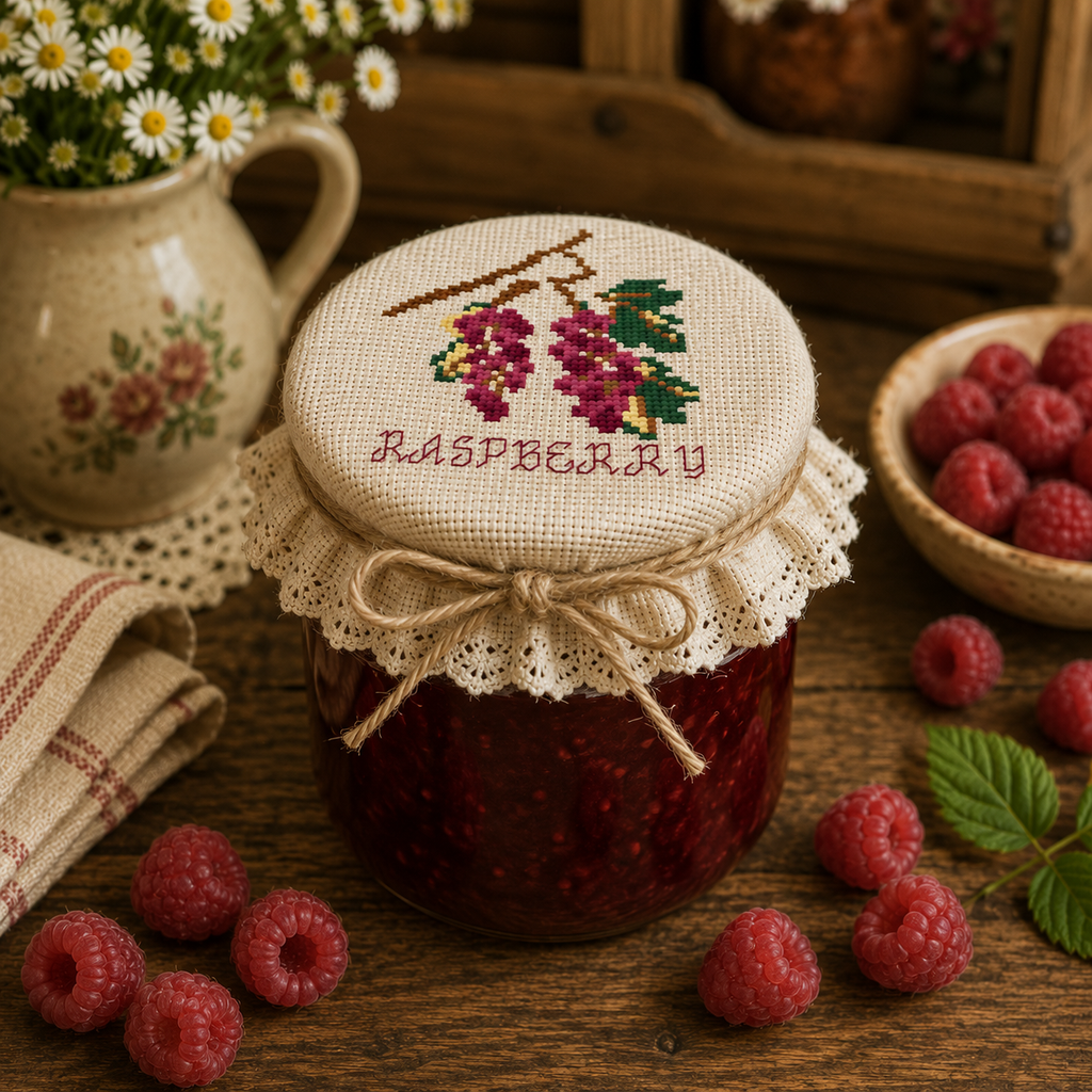 Himbeer-Kreuzstichmuster | Stickerei für Marmeladenglas-Deckel | Landhaus-Küchen-Deko | Bellas Speisekammer Wintervorbereitung | Tischdecke