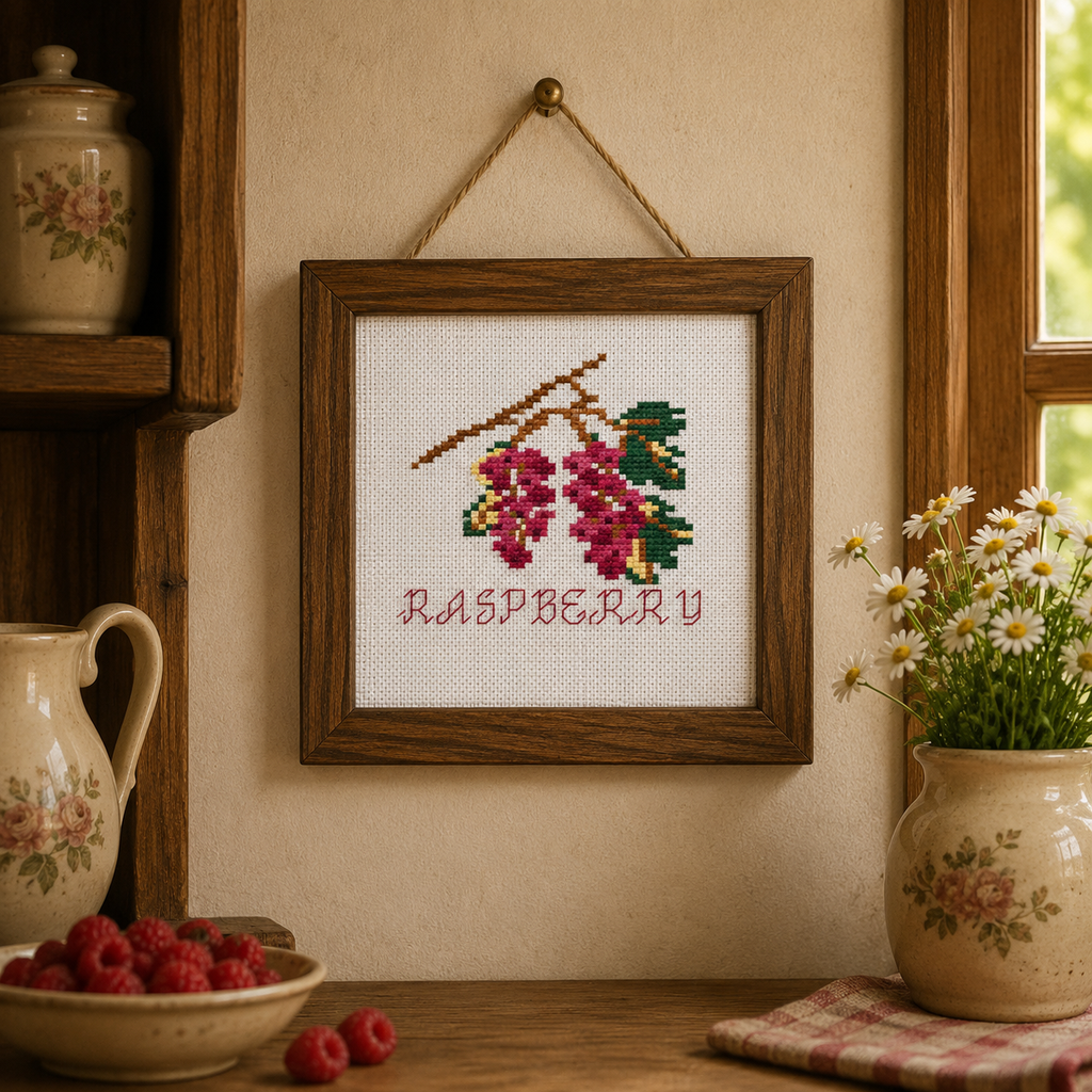 Himbeer-Kreuzstichmuster | Stickerei für Marmeladenglas-Deckel | Landhaus-Küchen-Deko | Bellas Speisekammer Wintervorbereitung | Tischdecke