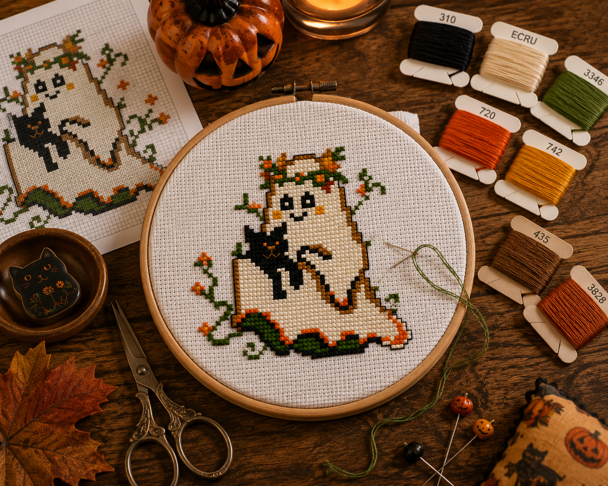 Boo & Meow Halloween Mini Cross Stitch Pattern, Cute Ghost and Black Cat, Small 60x60 Spooky Autumn PDF, Quick Counted Cross Stitch