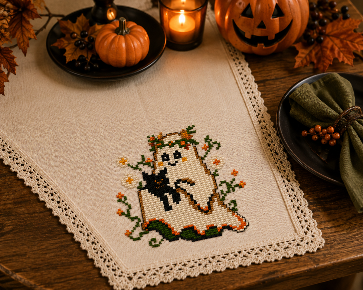 Boo & Meow Halloween Mini Cross Stitch Pattern, Cute Ghost and Black Cat, Small 60x60 Spooky Autumn PDF, Quick Counted Cross Stitch