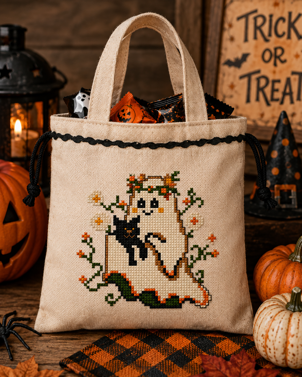 Boo & Meow Halloween Mini Cross Stitch Pattern, Cute Ghost and Black Cat, Small 60x60 Spooky Autumn PDF, Quick Counted Cross Stitch