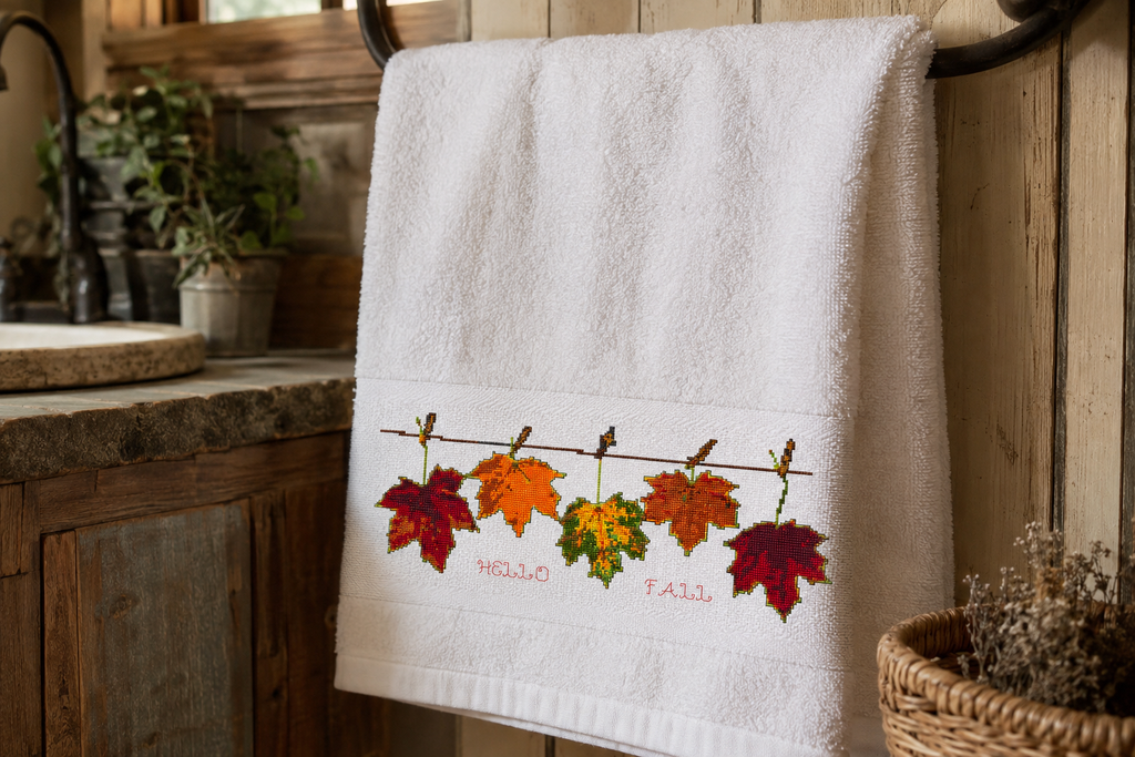 Hello Fall Cross Stitch Pattern, Autumn Maple Leaves, Thanksgiving Tablecloth Embroidery, Farmhouse Fall Decor PDF