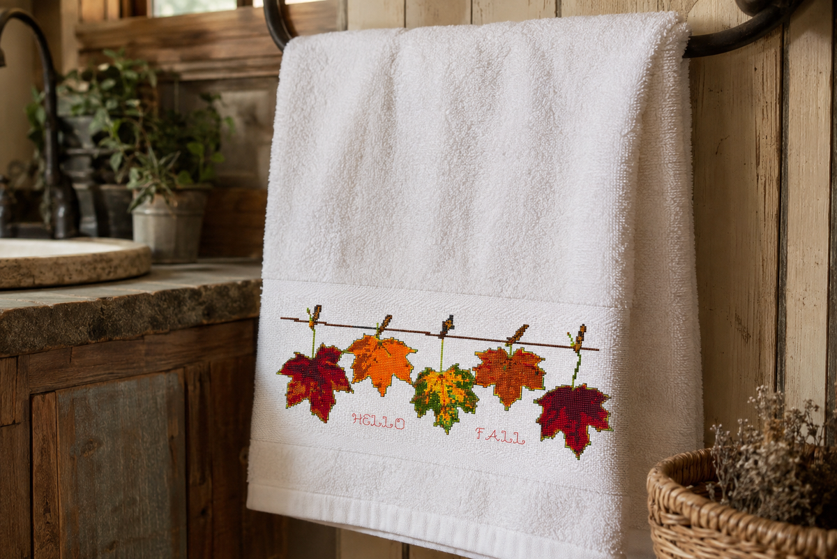Hello Fall Cross Stitch Pattern, Autumn Maple Leaves, Thanksgiving Tablecloth Embroidery, Farmhouse Fall Decor PDF
