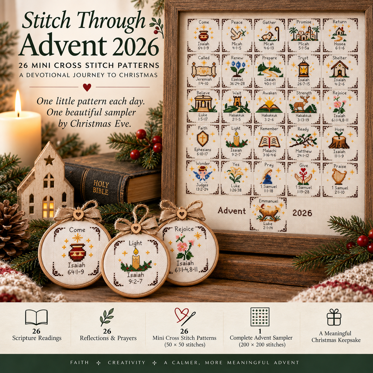 Stitch Through Advent 2026 – 26 Mini Cross Stitch Patterns & Devotional