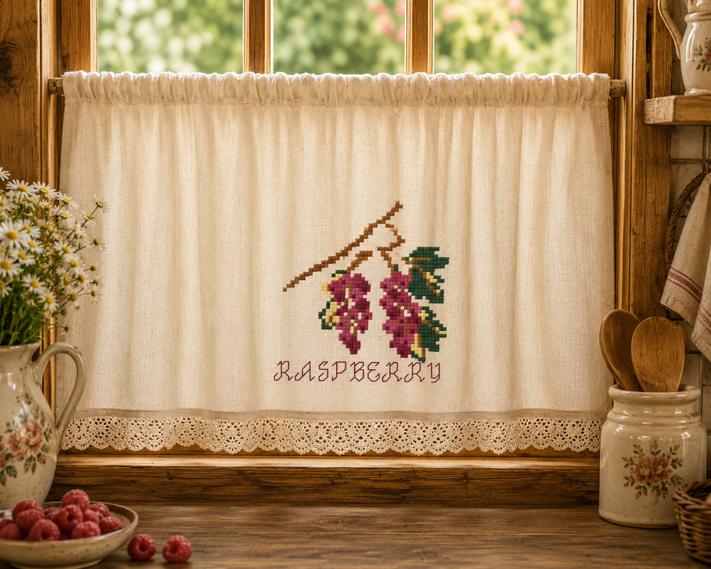 Himbeer-Kreuzstichmuster | Stickerei für Marmeladenglas-Deckel | Landhaus-Küchen-Deko | Bellas Speisekammer Wintervorbereitung | Tischdecke