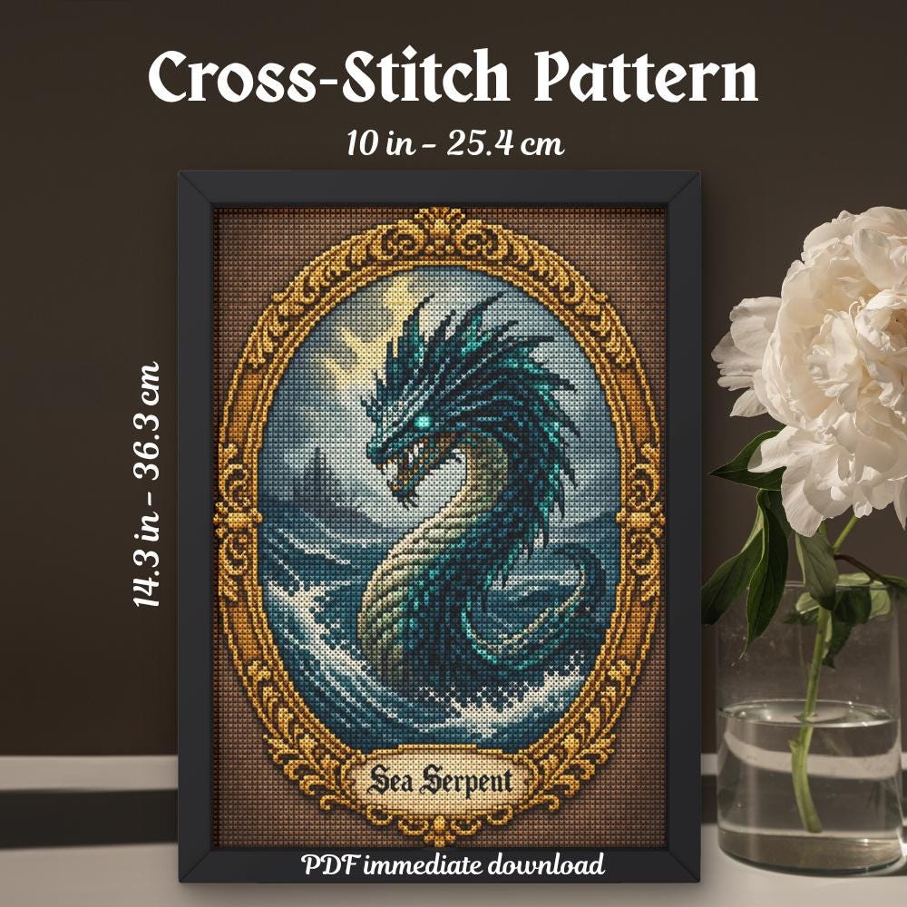 Sea Serpent Cross Stitch Pattern PDF finished cross stitch design