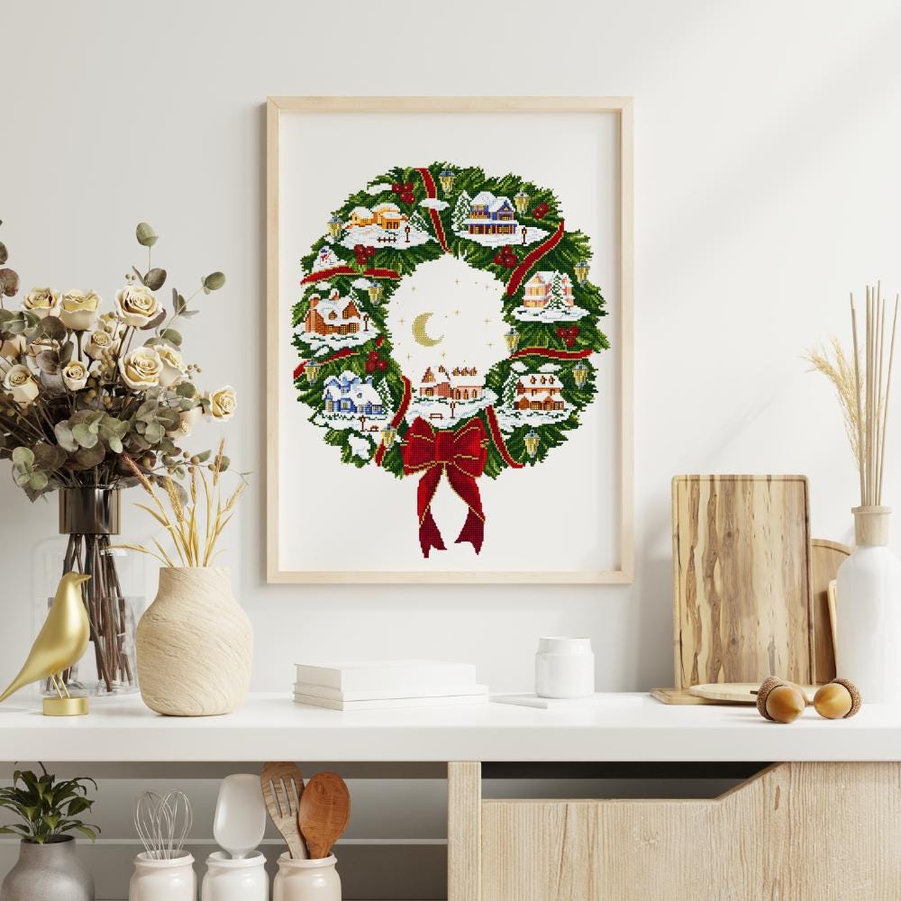 Christmas Village Wreath Cross Stitch Pattern PDF digital pattern preview
