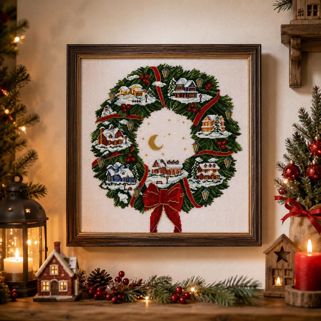 Christmas Village Wreath Cross Stitch Pattern PDF digital pattern preview