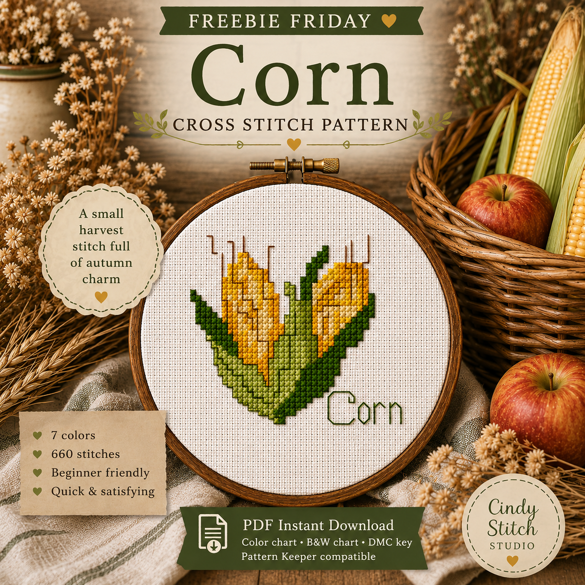 Corn Cross Stitch Pattern, Fall Harvest Mini Cross Stitch, Farmhouse Kitchen Decor, Beginner PDF Pattern, Autumn Corn Embroidery