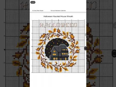 Halloween Haunted House Wreath Cross Stitch Pattern, Autumn Leaves, Spooky Fall Decor, Halloween PDF Embroidery Pattern