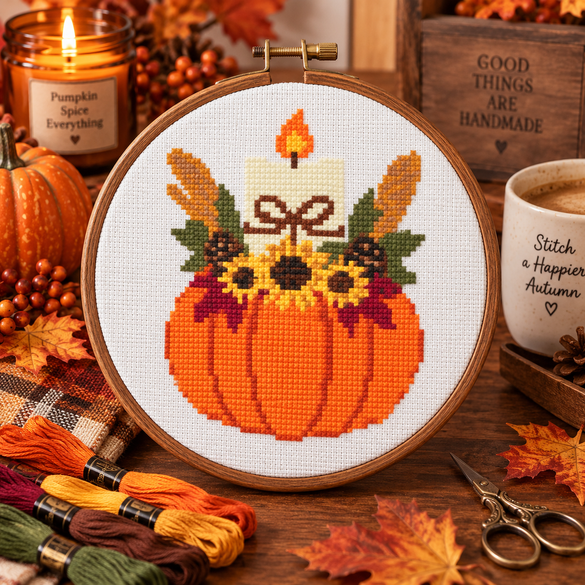 Fall Pumpkin Candle Cross Stitch Pattern