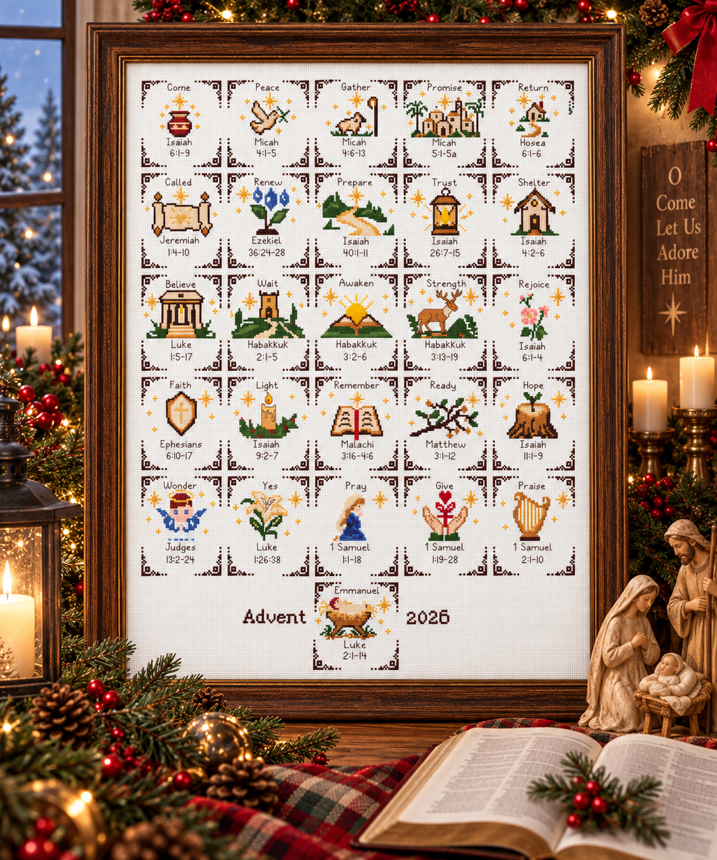 Stitch Through Advent 2026 – 26 Mini Cross Stitch Patterns & Devotional